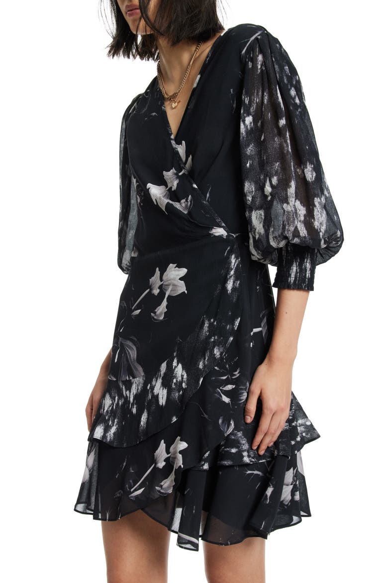 Ari Pauline Floral Print Faux Wrap Dress, Alternate, color, BLACK