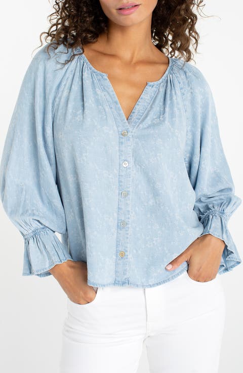 Shirred Chambray Button-up Top (Regular & Petite)