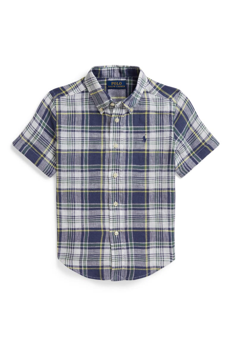 Kids' Plaid Short Sleeve Cotton Madras Button-Down Shirt, Main, color, WHITE FADED BLUE MULTI