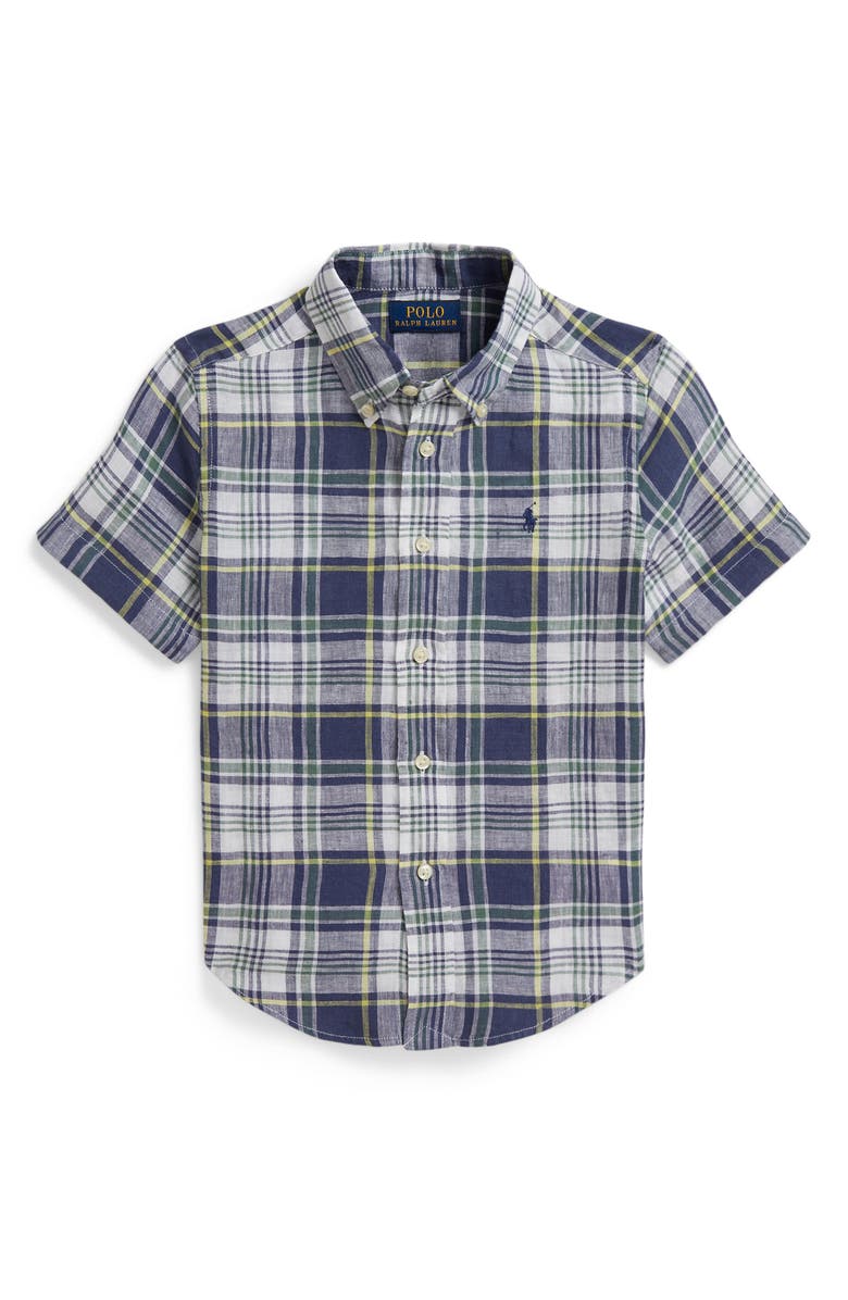 Polo Ralph Lauren Kids' Plaid Short Sleeve Cotton Madras Button-Down Shirt, Main, color, White Faded Blue Multi