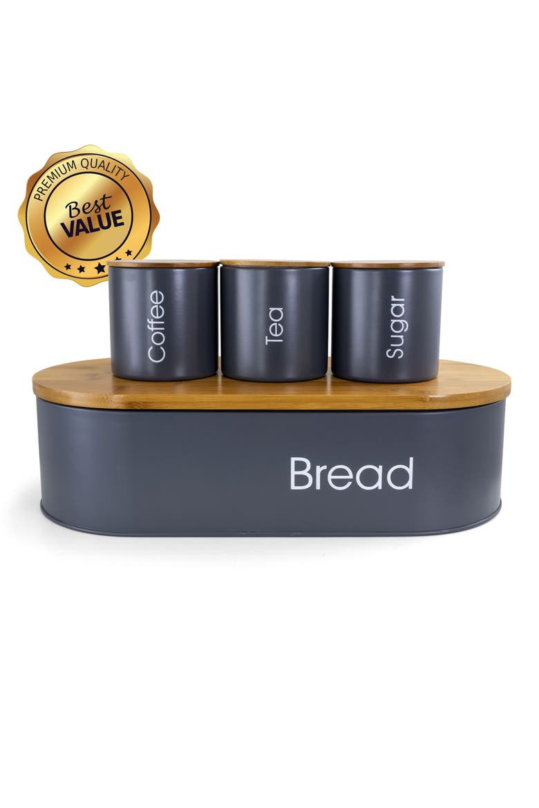 Wood Kitchen Countertop 4 Piece Metal Bread Basket and Canister Set with Lids, Alternate, color, Gray