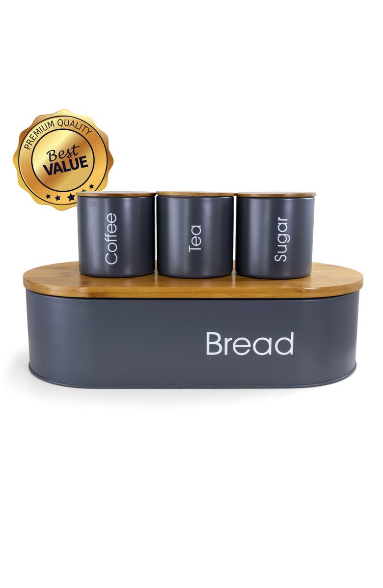 Megachef Wood Kitchen Countertop 4 Piece Metal Bread Basket and Canister Set with Lids, Alternate, color, Gray
