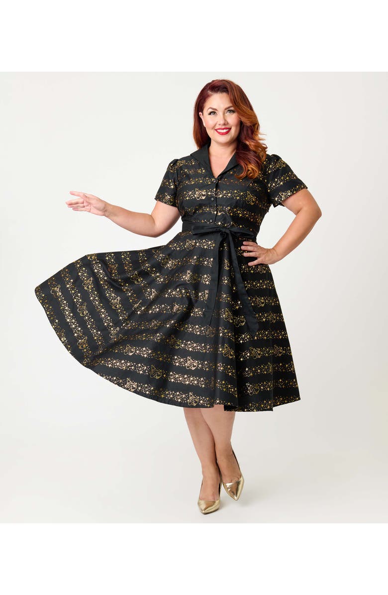 Unique Vintage Plus Size 1950s Collared Shirt Dress, Main, color, Black & Gold