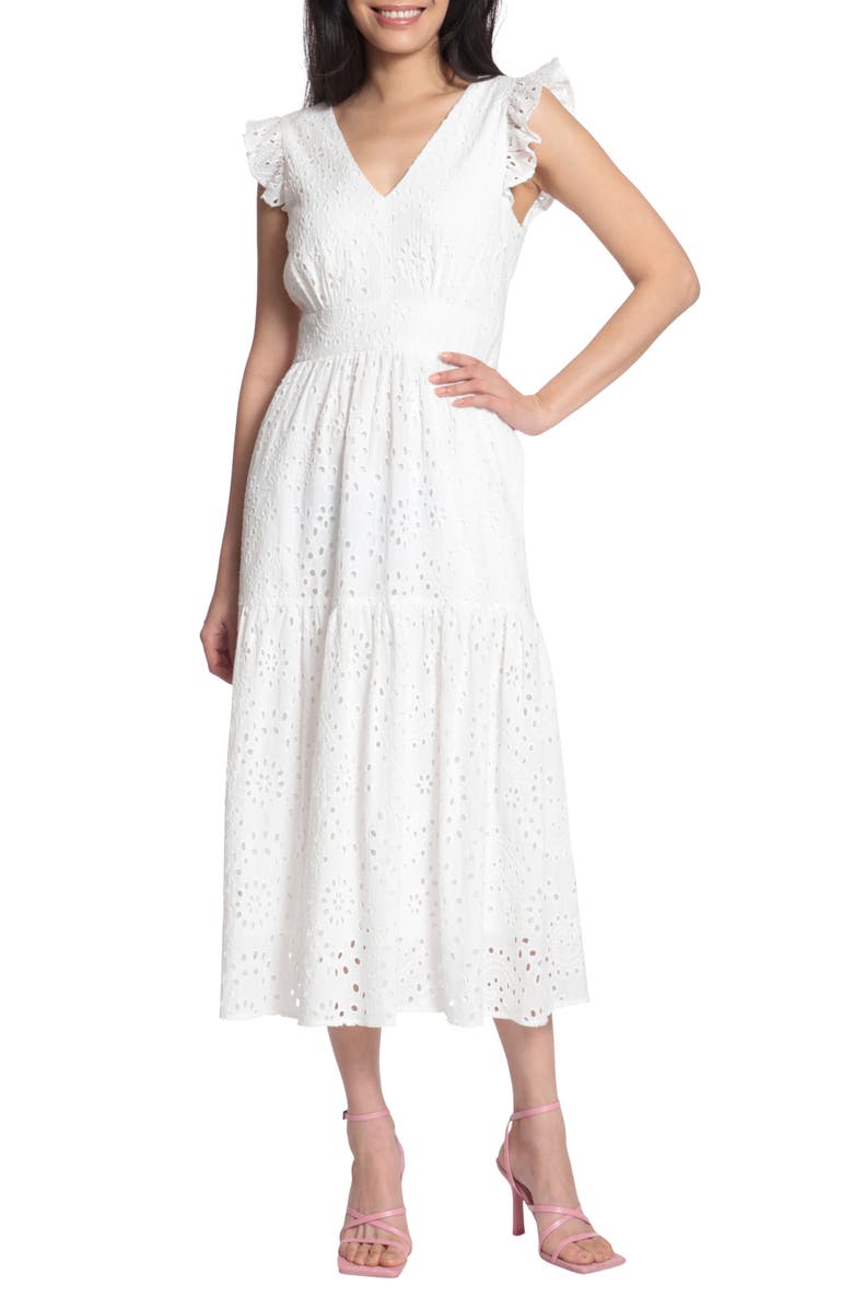 Maggy London Cotton Eyelet Tiered Midi Dress, Main, color, 
