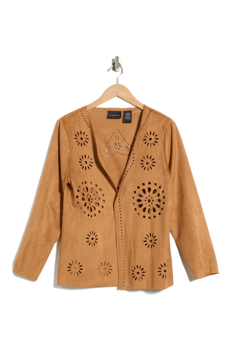 Laser-Cut Faux Suede Cardigan, Alternate, color, CAMEL