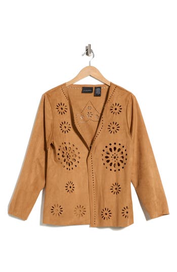 Forgotten Grace Laser-cut Faux Suede Cardigan In Brown