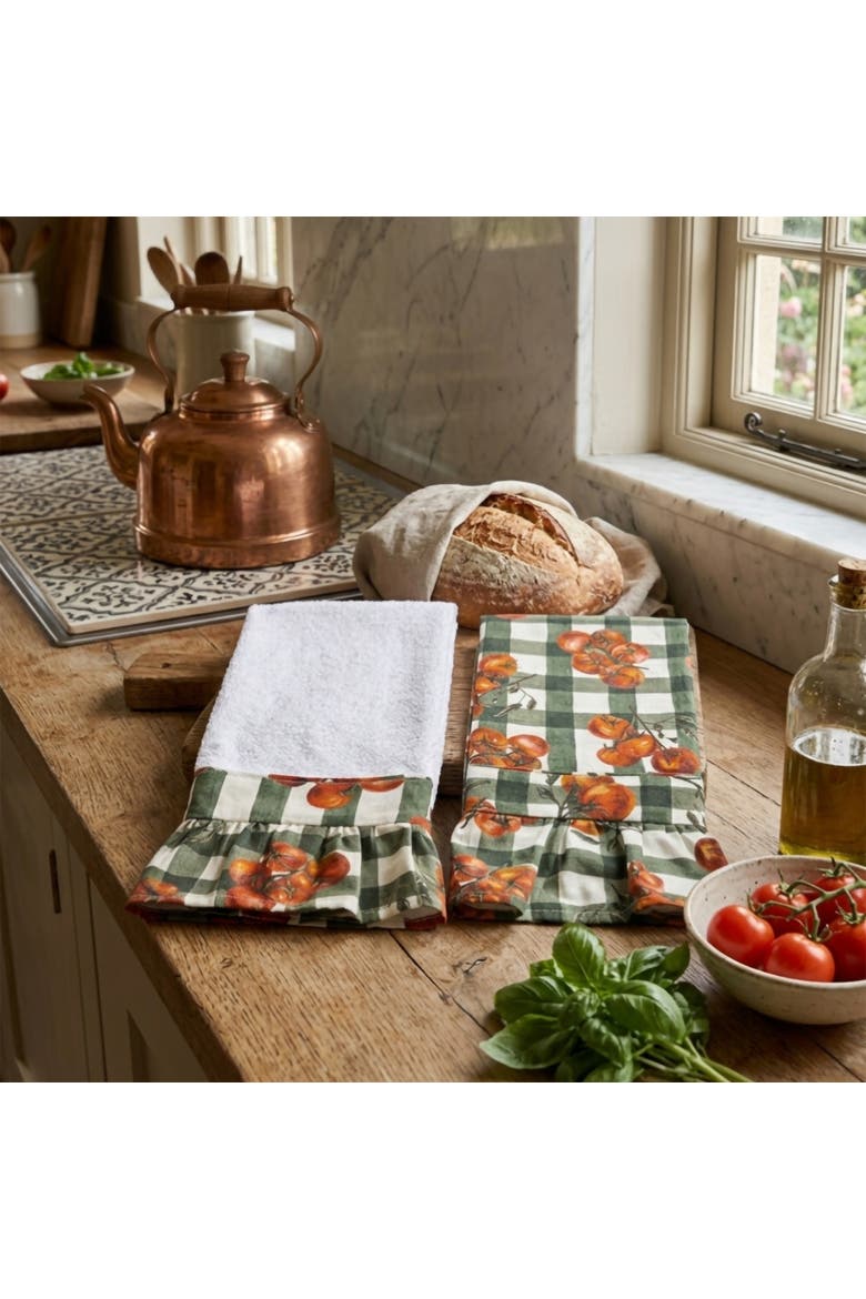 Tuscan Tomato Ruffled Kitchen Towels - Set of 2, Alternate, color, Blue