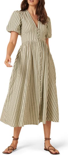 Starlight Stripe Puff Sleeve Organic Cotton Midi Dress