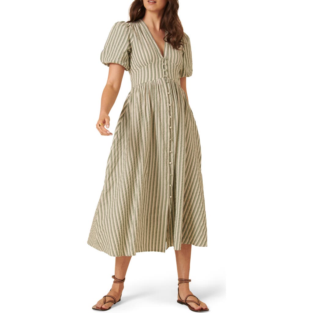 NOBODY'S CHILD NOBODY'S CHILD STARLIGHT STRIPE PUFF SLEEVE ORGANIC COTTON MIDI DRESS