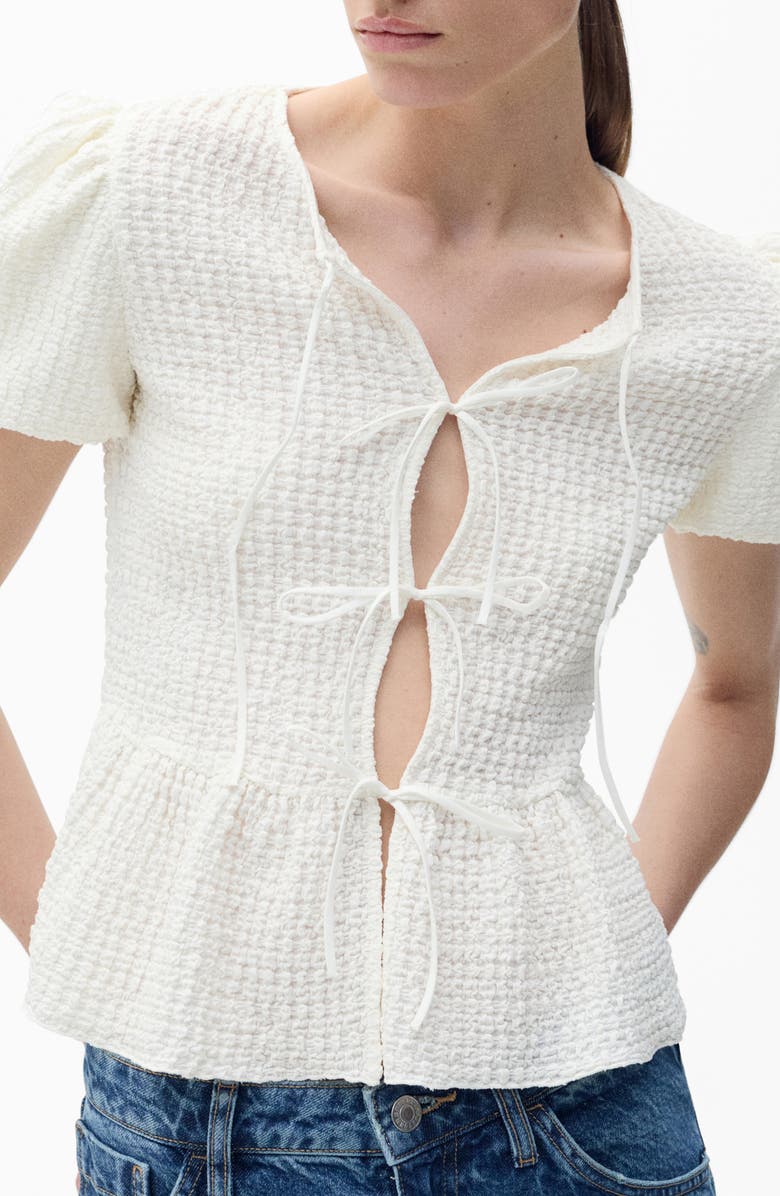 MANGO Texture Tie Front Peplum Top, Main, color,