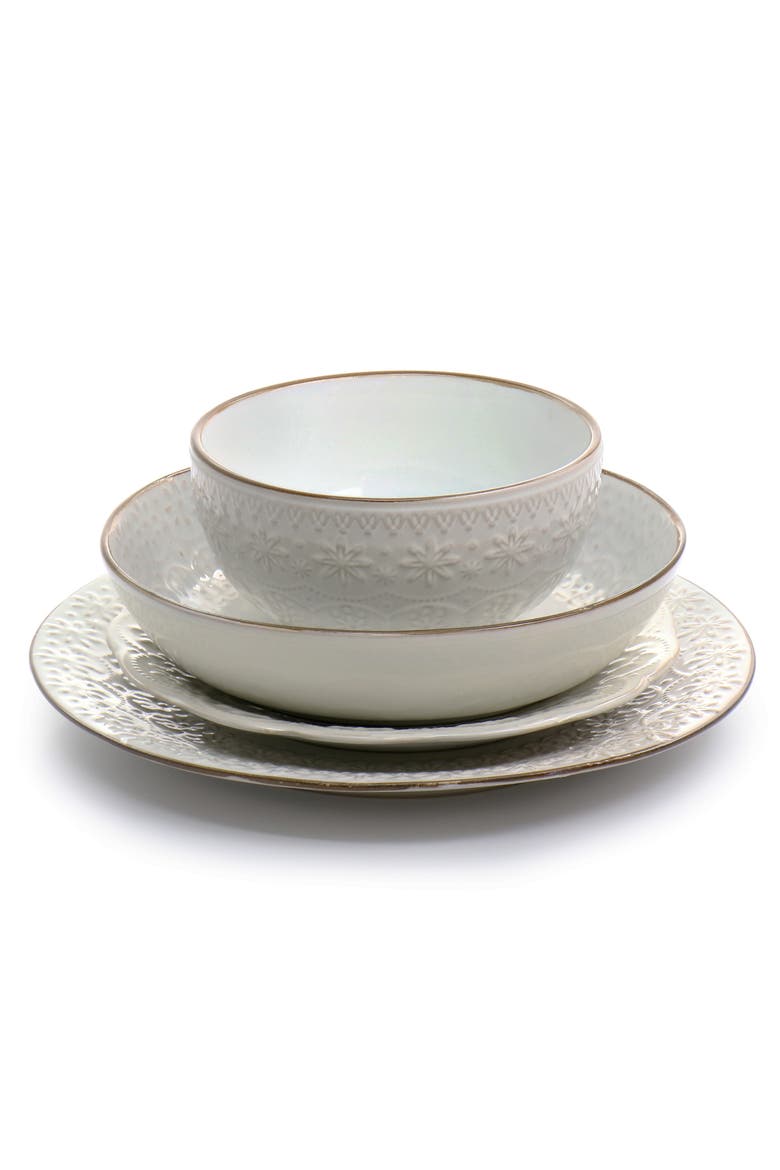 Countess 16 Piece Embossed Double Bowl Stoneware Dinnerware Set, Alternate, color, White