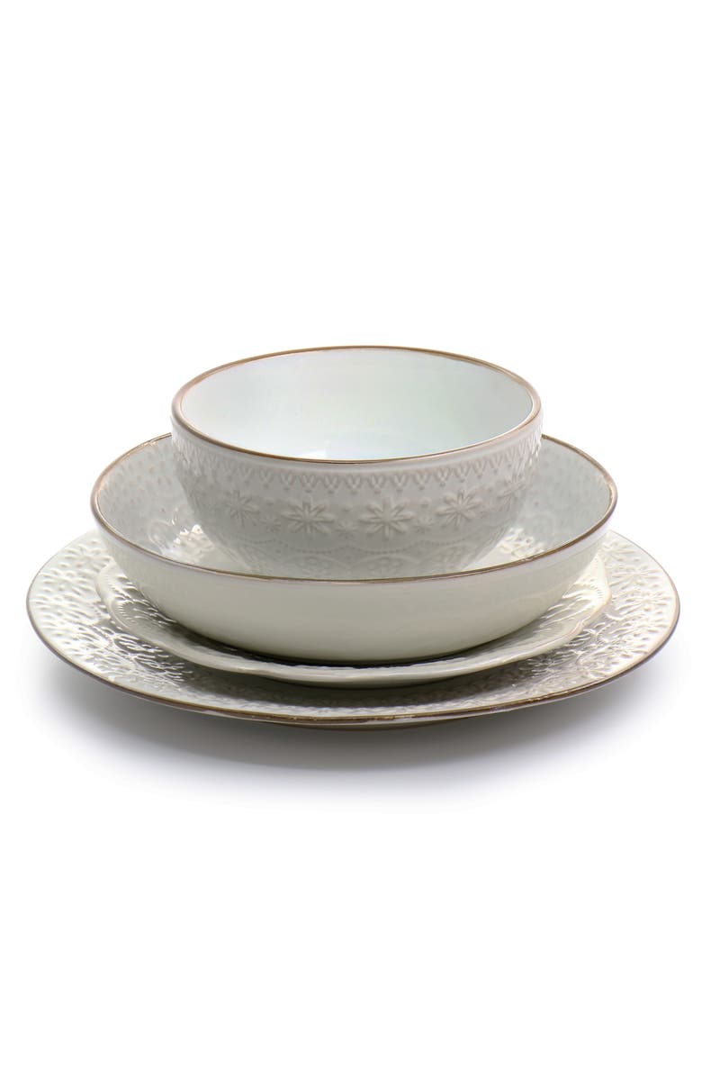 Elama Countess 16 Piece Embossed Double Bowl Stoneware Dinnerware Set, Alternate, color,