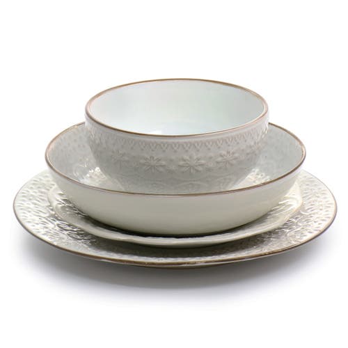 Elama Countess 16 Piece Embossed Double Bowl Stoneware Dinnerware Set In White