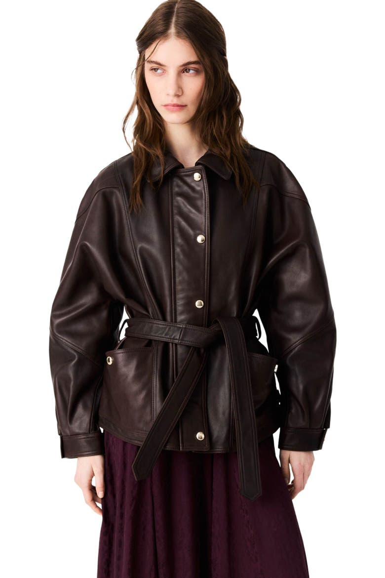 Oversize gold-button leather jacket, Alternate, color, Brown