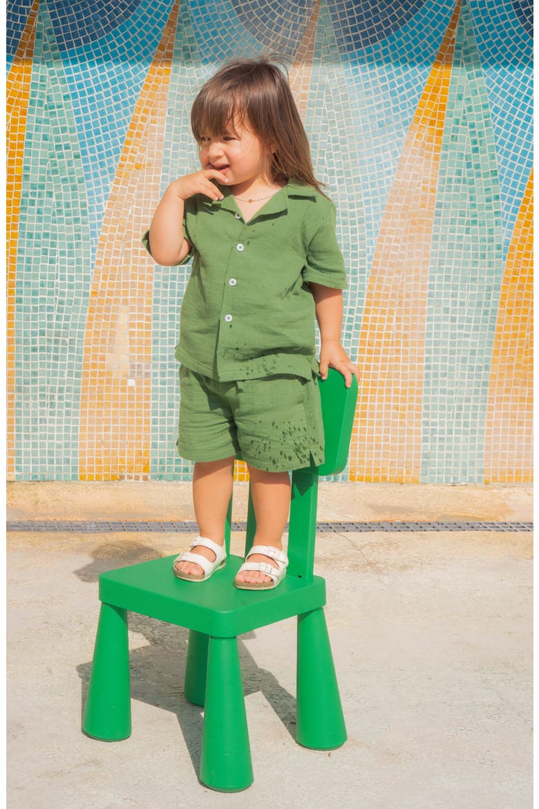 Kids' Green Cotton Muslin Camp Shirt & Drawstring Shorts Set, Alternate, color, GREEN