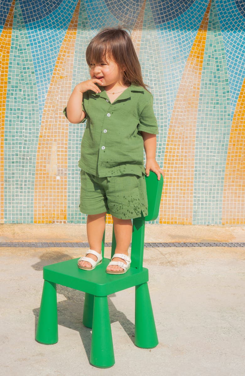 MUMZERS Kids' Green Cotton Muslin Camp Shirt & Drawstring Shorts Set, Alternate, color, Green