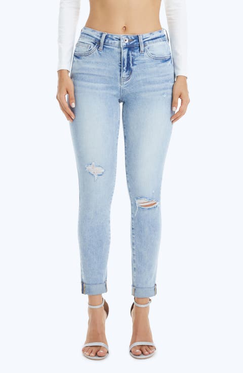 High Waist Cuffed Ankle Skinny Jeans
