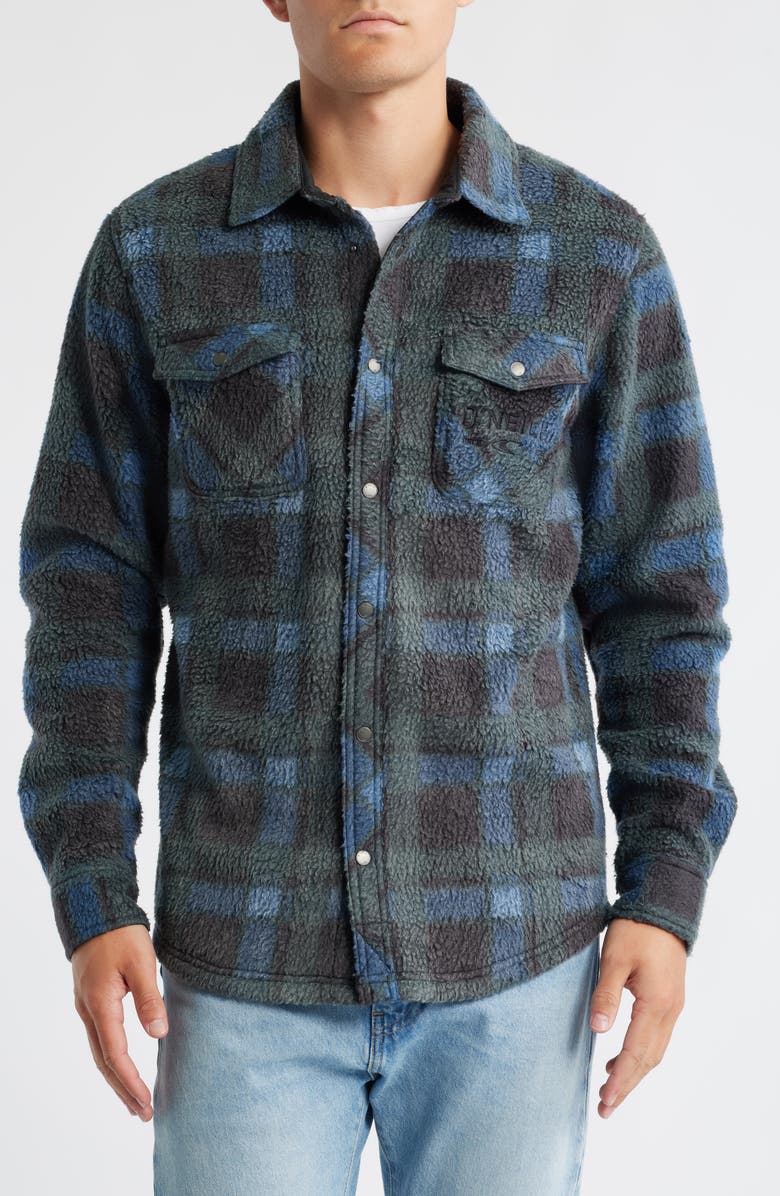O'Neill Glacier Plaid Fleece Snap-Up Overshirt, Alternate, color, Dark Slate