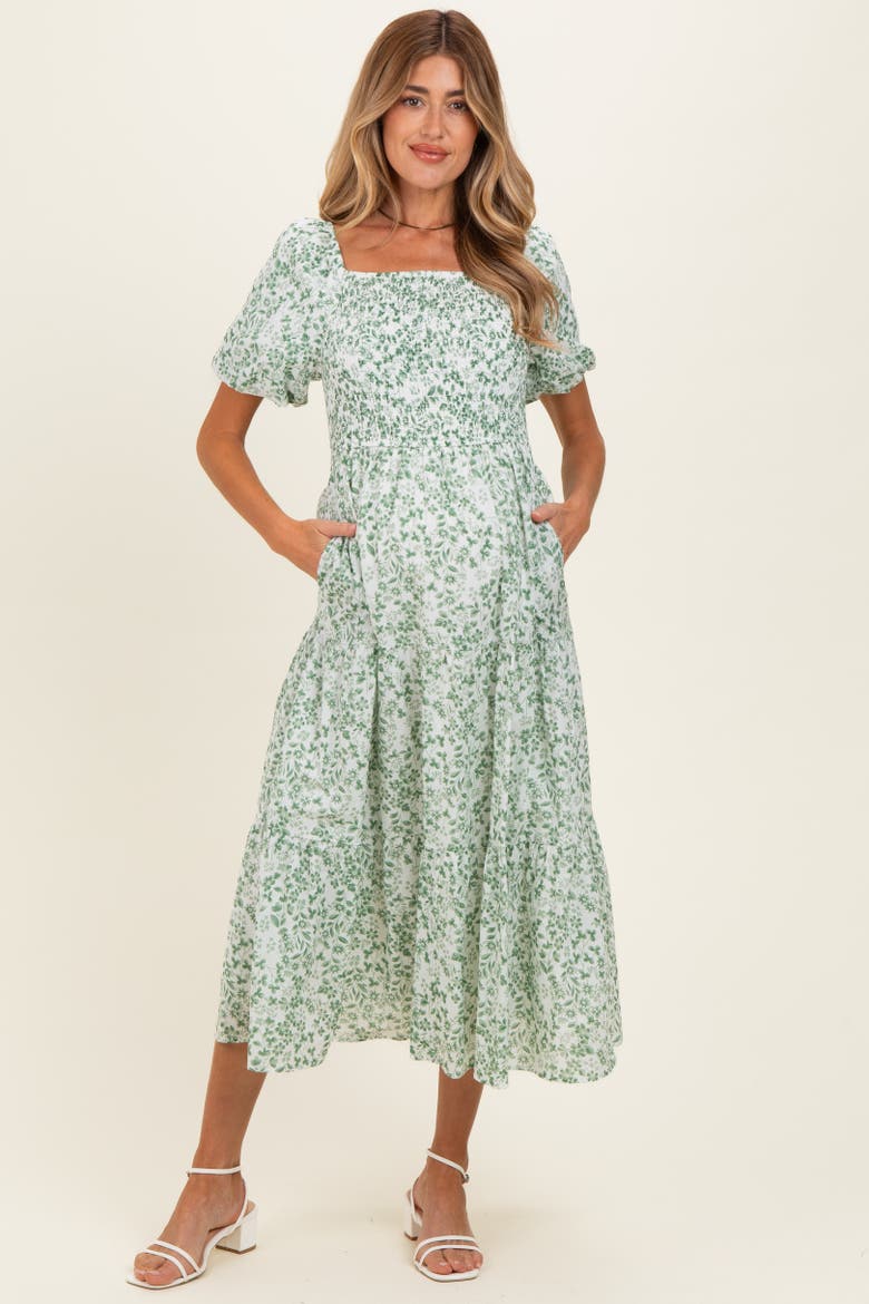 Floral Smocked Short Sleeve Midi Dress, Alternate, color, Green