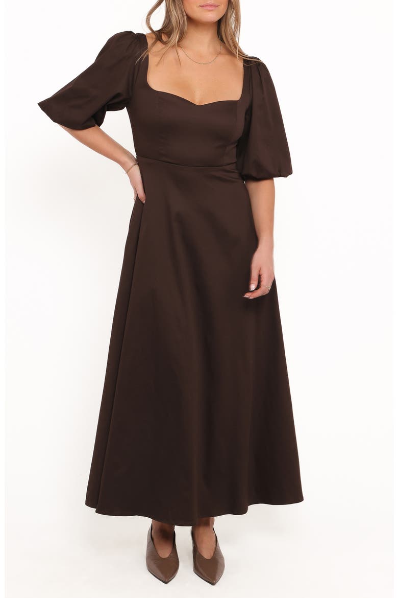 Merlena Puff Sleeve Stretch Cotton Maxi Dress, Main, color, CHOCOLATE