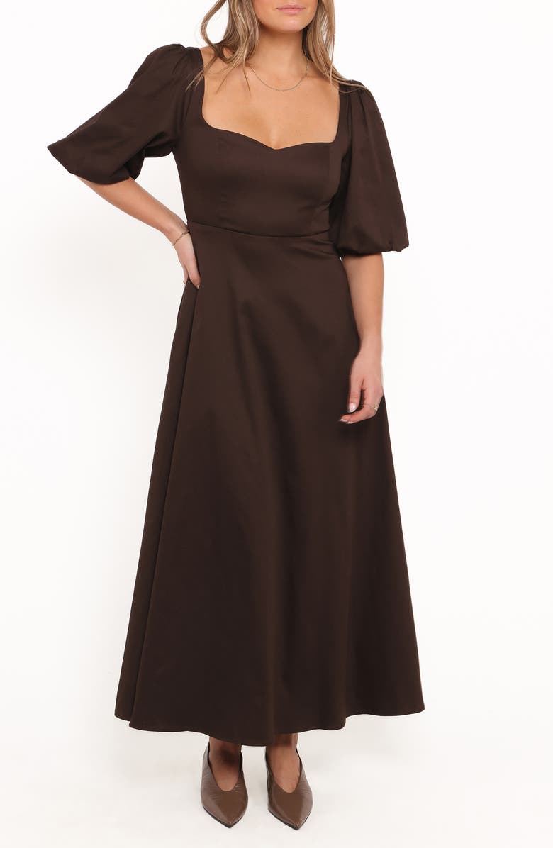 Petal & Pup Merlena Puff Sleeve Stretch Cotton Maxi Dress, Main, color, Chocolate