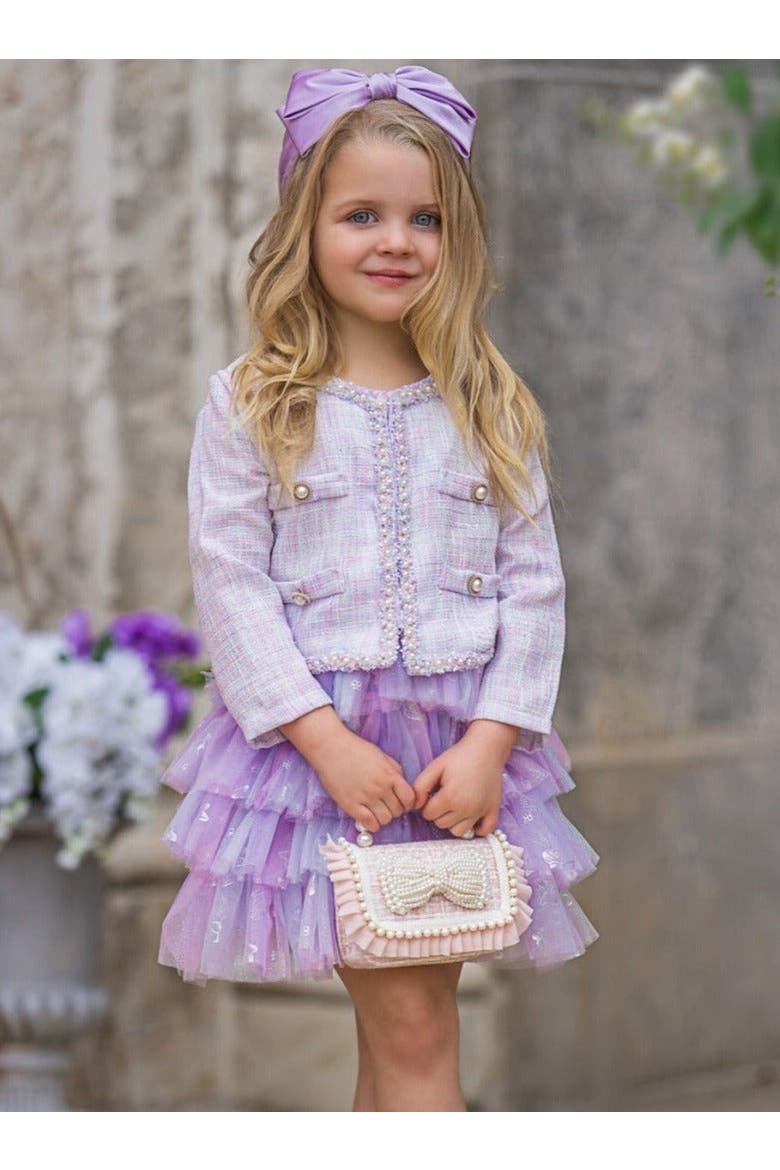 Girls Twirl In Lilacs Tweed Blazer and Tutu Skirt Set, Alternate, color, Purple