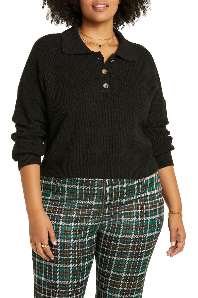 Rib Long Sleeve Polo Sweater, Main, color, BLACK