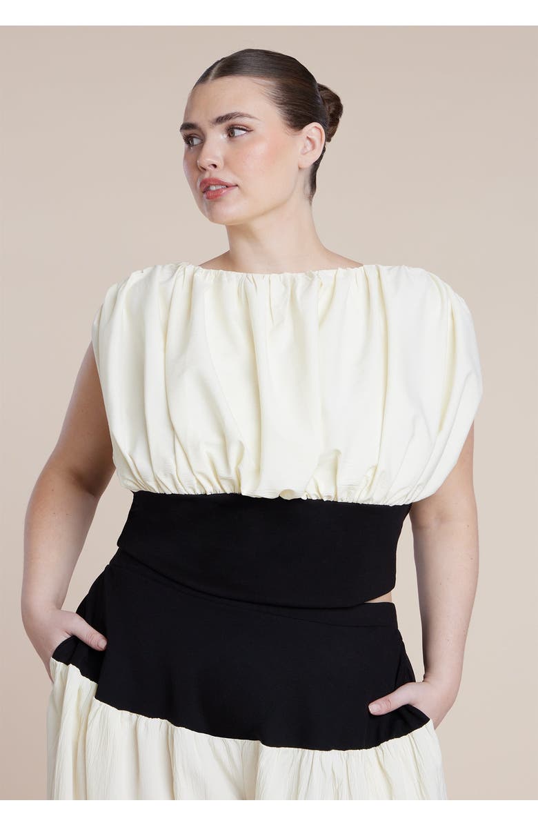 ELOQUII Combo Fabric Draped Top, Main, color, Black White