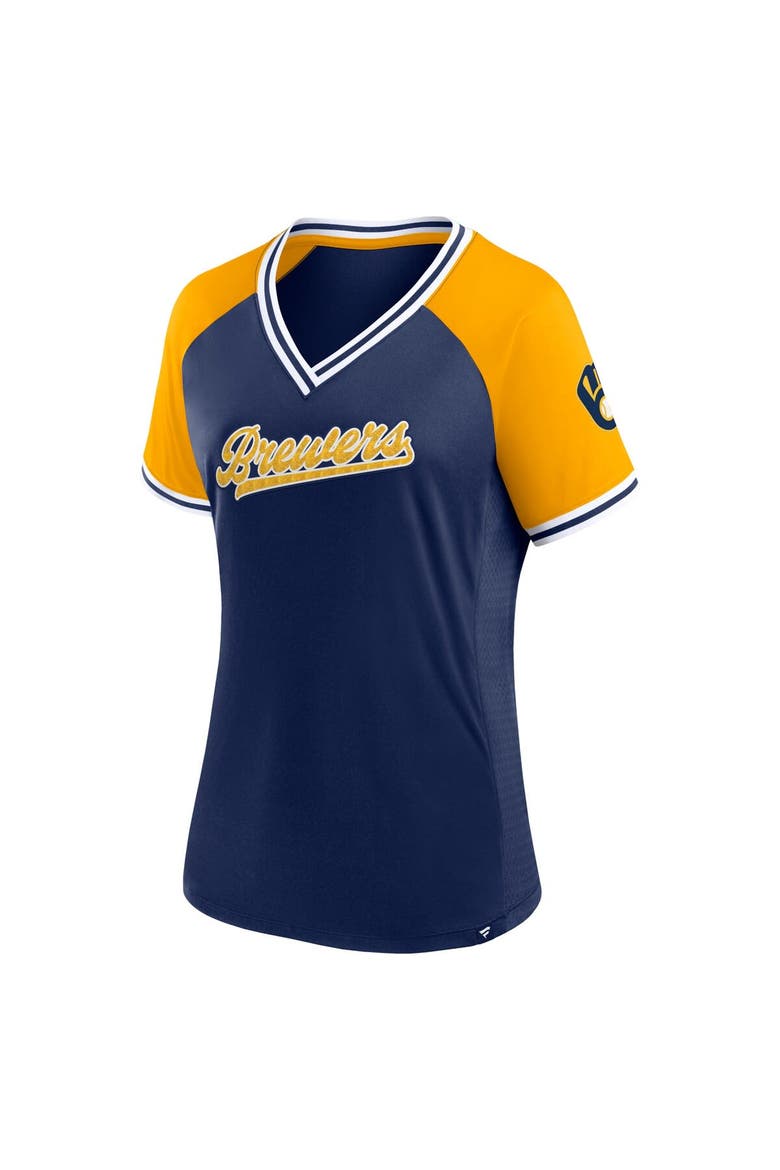 Women's Fanatics Branded Navy Milwaukee Brewers Glitz & Glam League Diva Raglan V-Neck T-Shirt, Alternate, color, Navy