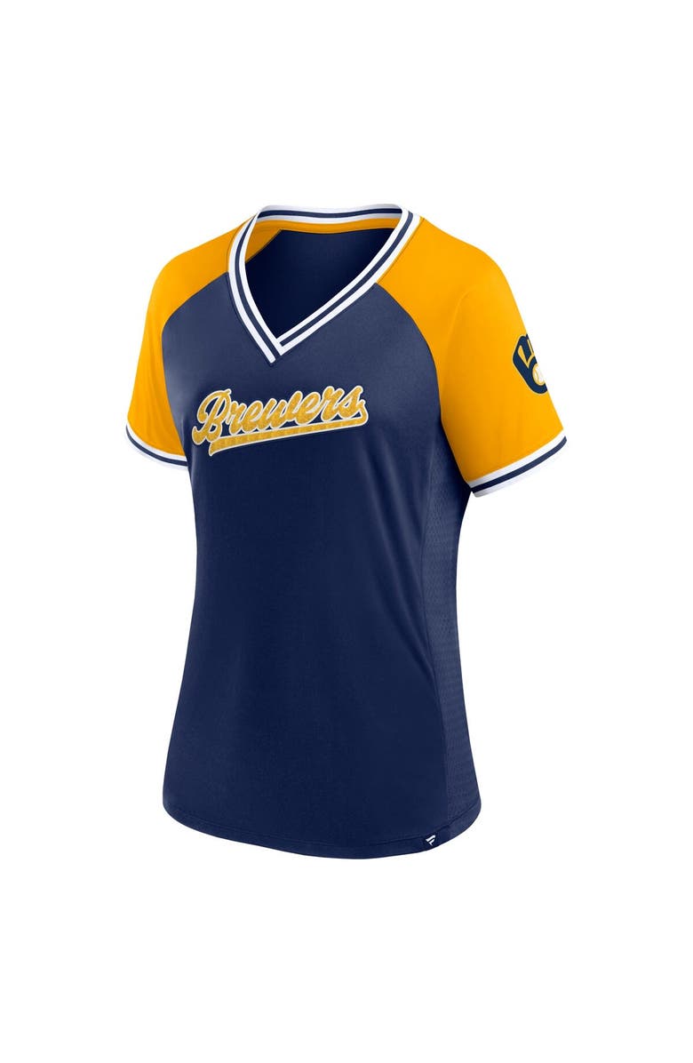 FANATICS Women's Fanatics Branded Navy Milwaukee Brewers Glitz & Glam League Diva Raglan V-Neck T-Shirt, Alternate, color,