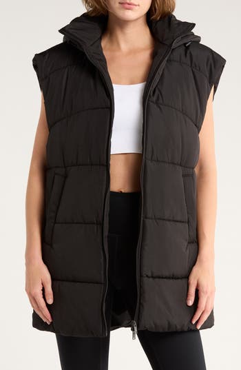 Z By Zella Hooded Long Quilted Vest In Brown