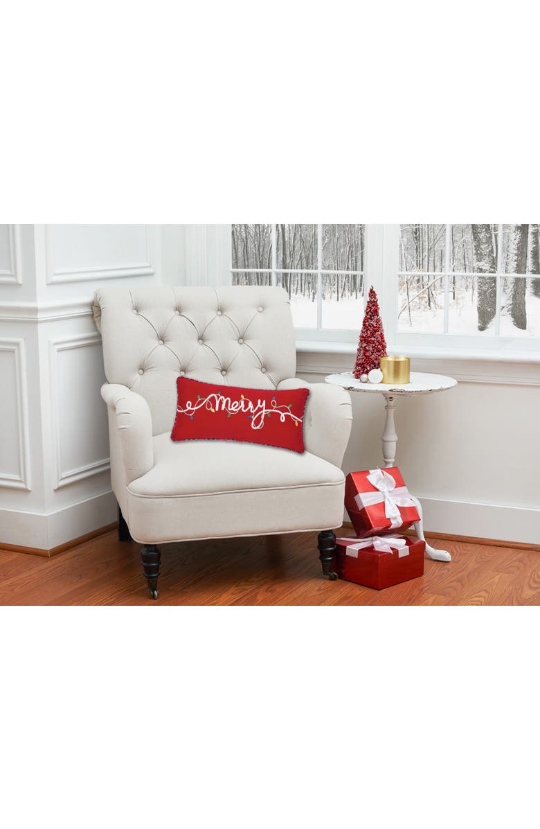 C&F Home "Merry" Cursive Christmas String Lights Embroidered Mini Accent Pillow 9" x 20", Alternate, color, Red