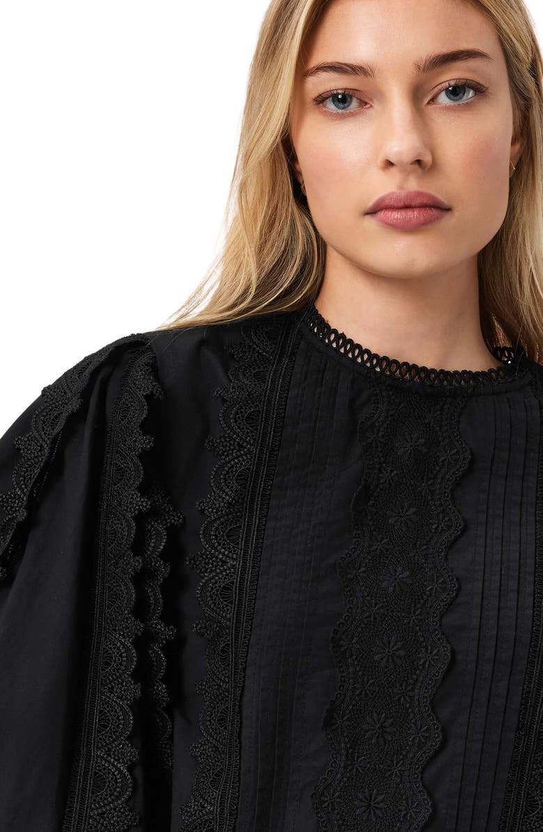 AllSaints Hart Lace Embroidered Bishop Sleeve Top, Alternate, color, Black