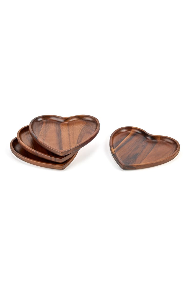 Eat Your Heart Out Set of 4 Acacia Wood Appetizer Plates, Alternate, color, BROWN