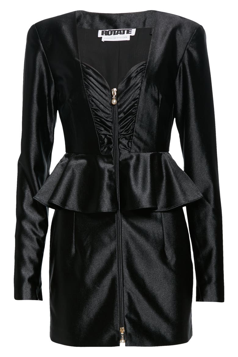 Annie Peplum Waist Long Sleeve Satin Dress, Alternate, color, BLACK