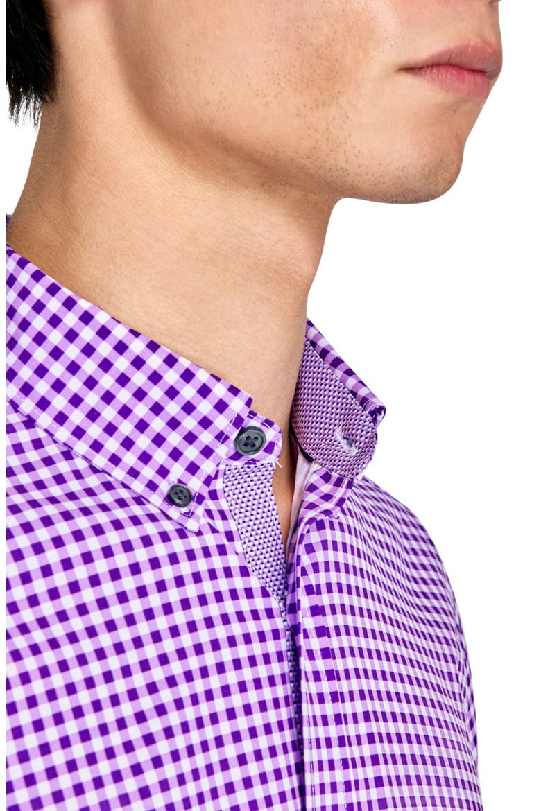 Slim Fit Mini Check Recycled 4-Way Stretch Performance Short Sleeve Shirt, Alternate, color, LILAC