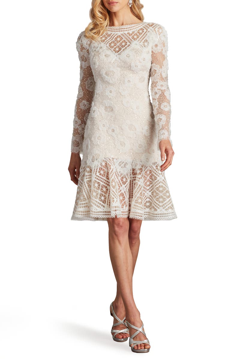 Tadashi Shoji Rhinestone Embroidered Long Sleeve Cocktail Dress, Main, color, Ivory/ Petal