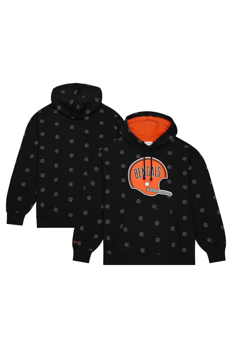 Men's Mitchell & Ness Black Cincinnati Bengals Allover Print Fleece Pullover Hoodie, Alternate, color, Black