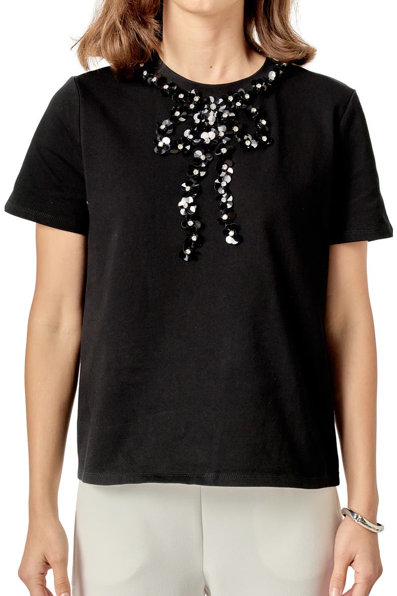 Beaded Bow Detail Top, Main, color, BLACK
