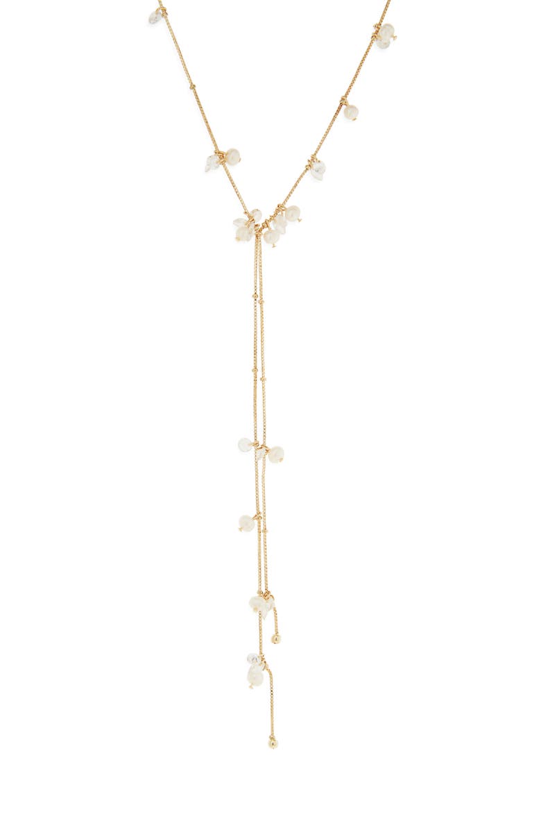 NORDSTROM RACK Floating Cubic Zirconia & Faux Pearl Lariat Necklace, Main, color, Clear- White- Gold
