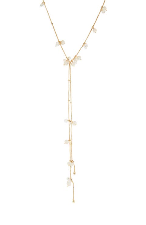 Floating Cubic Zirconia & Faux Pearl Lariat Necklace