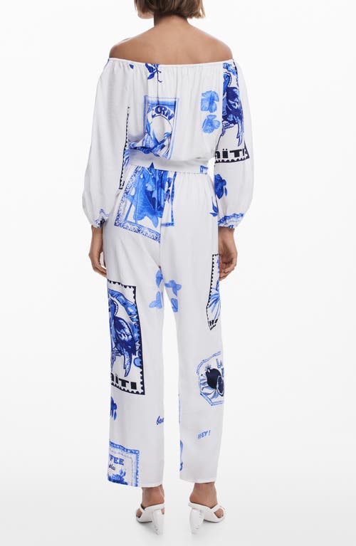 Desigual Placed Print Off The Shoulder Long Sleeve Jumpsuit In White