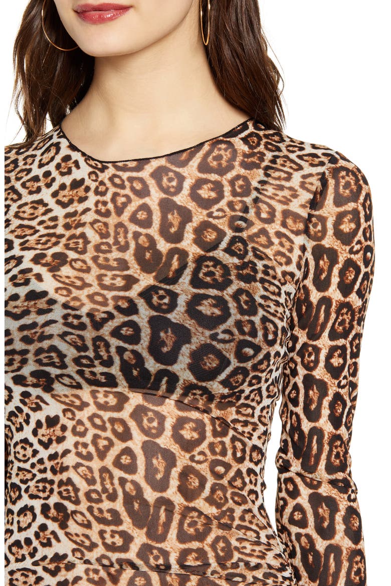 Aarya Sheer Leopard Print Long Sleeve Body-Con Dress, Alternate, color, LEOPARD