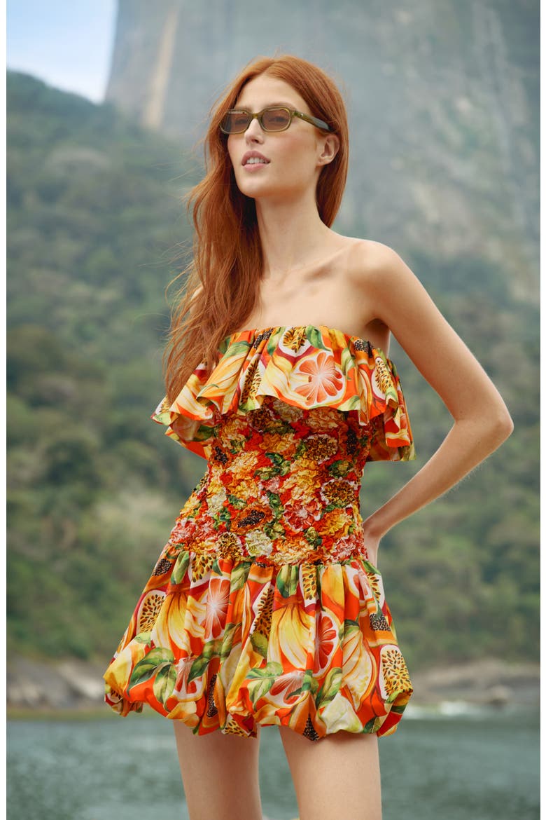 Fruit Print Ruffle Strapless Minidress, Alternate, color, FRUIT GARDEN RED