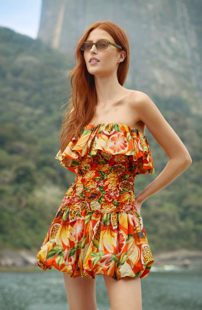 FARM Rio Fruit Print Ruffle Strapless Minidress, Alternate, color, Fruit Garden Red