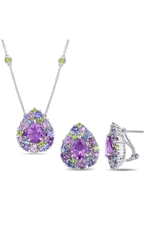 Teardrop Stone Cluster Pendant Necklace & Stud Earrings Set