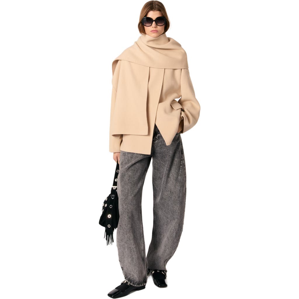 Maje Double-faced Coat With Scarf In Beige