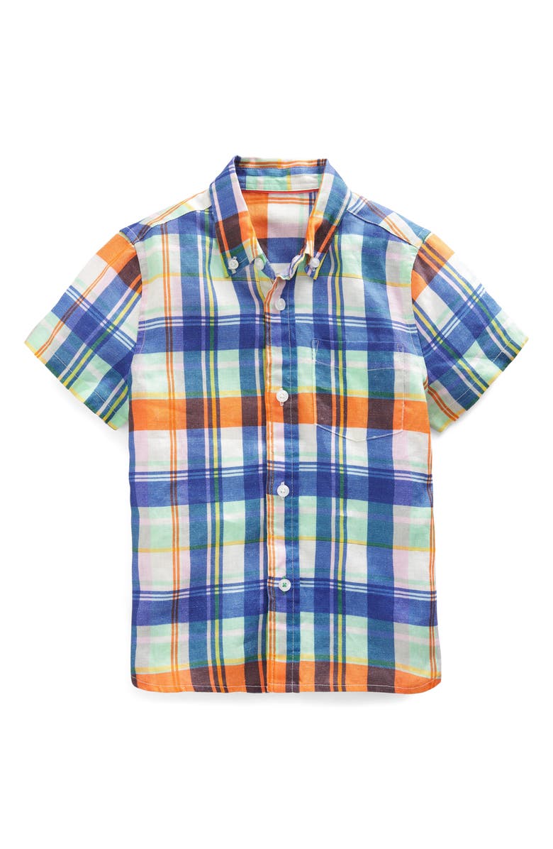 Mini Boden Kids' Vacation Short Sleeve Linen & Cotton Button-Down Shirt, Main, color,