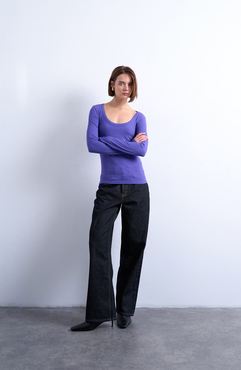 Topshop Scoop Neck Long Sleeve Rib Top, Alternate, color, Purple
