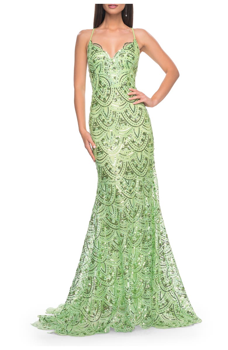 La Femme Print Sequin Mermaid Dress with Lace Up Back, Main, color, Sage
